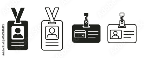 Set of ID card vector icons. Includes name badge on a lanyard and access card on a clip. Symbolizes security, identification, and corporate identity for business or events.