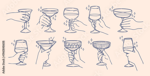 Hands with drink. Hand holding cocktail. Hand drawn glass with different shapes for martini, margarita. Party cocktails in glasses. Sketch beverage for poster. Vector set
