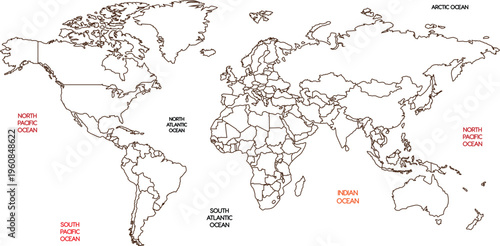 World Map Outline with Country Borders and Major City Labels