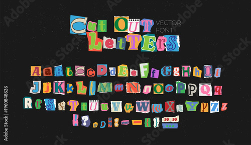 Cut out letters. Ransom alphabet. Magazine cutout font from papers. Colorful anonymous numbers, typography, punctuation marks. Scrapbook word. Vector set