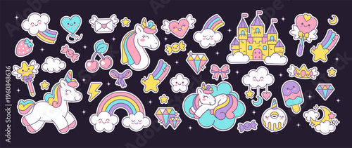 Cute unicorns. Rainbow elements stickers. Cartoon funny baby pony. Kids little horse with wings, magic castle, clouds, dessert. Happy Birthday princess print. Vector set