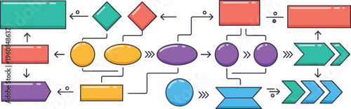 Colorful business flowchart vector elements with arrows and geometric shapes for process mapping project management and organizational diagram design