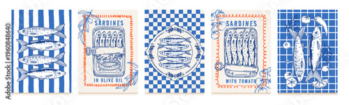 Sardines. Poster with seafood elements. Mediterranean fish on plate, sardine with olive oil, tomatoes, lemons, chili peppers. Italy food on banner for cafe menu. Vector set