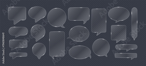 Glass speech button. Translucent speech bubble. Transparent glassmorphism UI UX frame, text and dialogue box. Glass elements for interface menu. Vector set