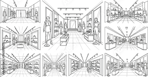 Modern boutique clothing store interior sketches featuring fashion mannequins apparel displays and retail architectural perspectives in minimalist line art