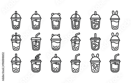 Set of bubble milk tea line icons. Minimalist vector collection of boba drinks with cute animal lids. Perfect for cafe menus, branding, logos, and beverage graphics.
