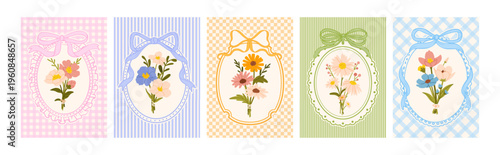 Vintage poster with flower. Retro coquette frame. Wedding invitation, birthday card, Mothers Day frames with elegant girly bow, ribbon, flowers, lace border. Vector set