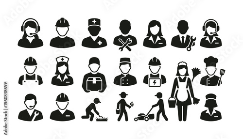 A set of professional occupation icons representing various jobs and careers. This vector collection is perfect for workforce, staff, and service industry designs.