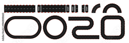 Race road. Start and finish line. Racing high-speed track with top view. Car, bicycle, motorbike, auto, racetrack on stadium. Checkered asphalt lines. Vector illustration