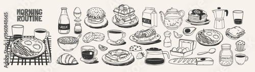 Hand drawn breakfast. Doodle brunch. Sketch food, drink, coffee, eggs, avocado, sandwiches, pancakes, waffles, tea. Kitchen posters, elements for cafe menu. Vector set