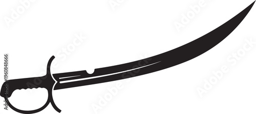 Black sword, curved blade, pirate cutlass, medieval weapon, vector illustration