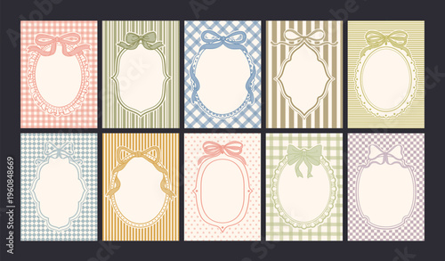 Vintage bow frame. Retro pattern background with ribbon border. Hand drawn decorative coquette lace empty frames for poster, card, invitation. Vector collection