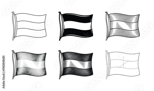 A set of six black and white waving flag icons. Vector collection includes various graphic styles like engraved, outline, stipple, and solid for versatile design use.