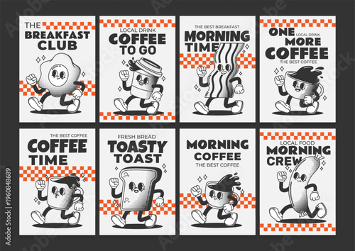 Breakfast character. Retro brunch food poster. Vintage background with cute egg, bacon, coffee, sausage, bread, drink mug. Groovy comic walking food, drink mascot. Vector set