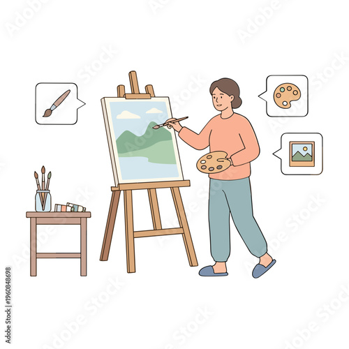 A woman paints a scenic landscape on canvas with a brush and palette indoors.