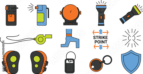 Self Defense and Safety Equipment Collection with Pepper Spray Whistle Flashlight Shield Alarm Gloves and Protection Tools Flat Vector Illustration