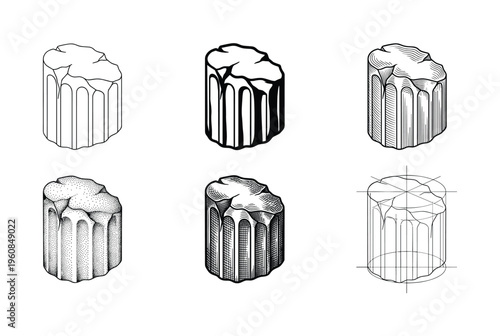 A set of six hand drawn illustrations of a ruined ancient column. Different graphic styles from line art to hatching and stippling. Perfect for history, art, or architecture themes.