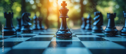 A black chess queen standing out against the other pieces on a board set in a sunny park will serve as the main backdrop for content on business strategy and leadership.