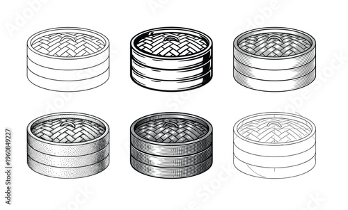 A set of Asian bamboo steamer baskets for dim sum. Vector illustration collection in different graphic styles like line art, engraving, and stippling for menus or logos.