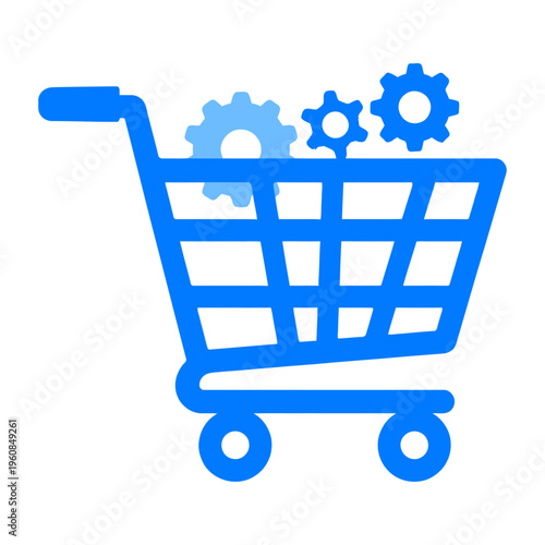 Blue vector shopping cart icon containing three mechanical gears inside the basket