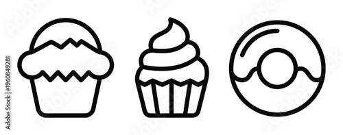 Clean line art icons of a muffin, cupcake, and donut. This minimalist sweet food collection is perfect for bakery logos, cafe menus, or dessert-themed graphic design projects.