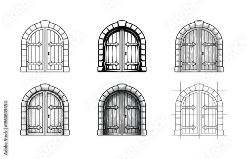 A set of six medieval arched wooden doors in various graphic styles. Includes line art, engraving, stipple, and blueprint versions. Perfect for fantasy, history, or game design.