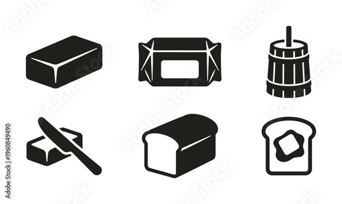A set of black vector icons related to butter and bread. Includes a stick, pack, churn, knife, loaf, and toast. Minimalist symbols for food, dairy, and breakfast concepts.