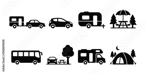 A set of black vector icons for travel, camping, and road trips. Includes car, RV, bus, tent, and picnic symbols for tourism or recreation design.