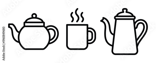 A simple black line icon set featuring a teapot, a steaming mug, and a coffee pot. Ideal for cafe menus, beverage branding, web design, and kitchenware symbols.