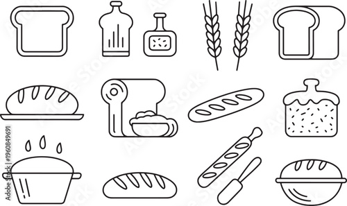 Bakery and bread making icons set featuring loaves grains and kitchen tools for artisanal food shop. Vector illustration