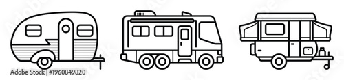 Set of three recreational vehicle icons including a motorhome, pop-up, and travel trailer. Minimalist line art vector for camping, adventure, and road trip designs.