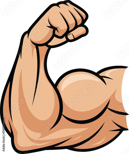 Strong muscular bicep arm flexing muscle cartoon vector illustration for fitness gym bodybuilding workout motivation power strength and healthy lifestyle athletic sports branding
