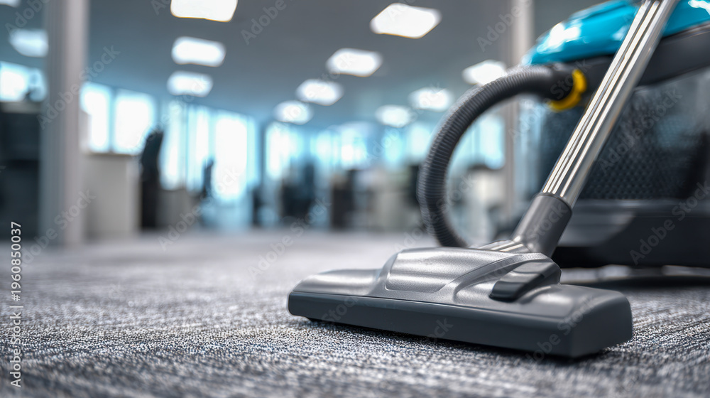 Fototapeta premium Vacuum cleaner head cleaning a carpeted floor in a modern office space with natural light and blurred background showing desks and windows