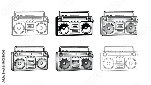 Set of six hand drawn retro boombox illustrations. This vector collection features vintage cassette players in various styles like outline, engraving, and stippling for music designs.