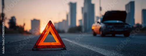 Emergency warning triangle sign on road next to broken down car  