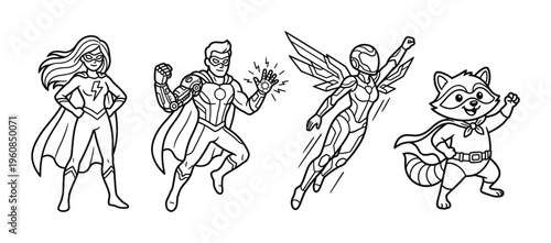 A set of four diverse superhero characters in dynamic poses. Black and white line art vector illustration for coloring books, comics, or children's design projects.