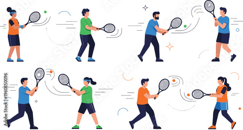 Collection of diverse male and female tennis players in flat vector style hitting balls with rackets during a competitive match or training session