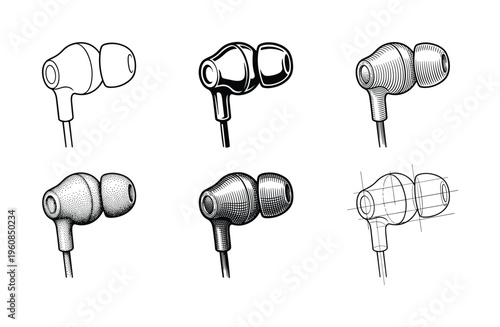 A set of six in-ear headphone illustrations in various styles. Includes line art, hatching, and technical sketches for music, audio, and technology concepts. Vector graphic.