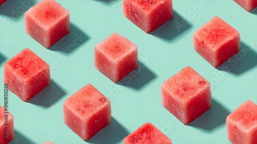 A bunch of watermelon cubes on a blue background