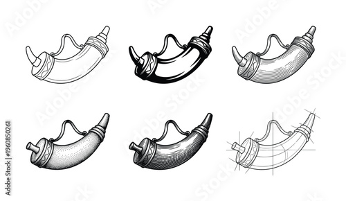 A set of six historic powder horn illustrations in various vintage styles. Perfect vector collection for hunting, history, or retro design projects.