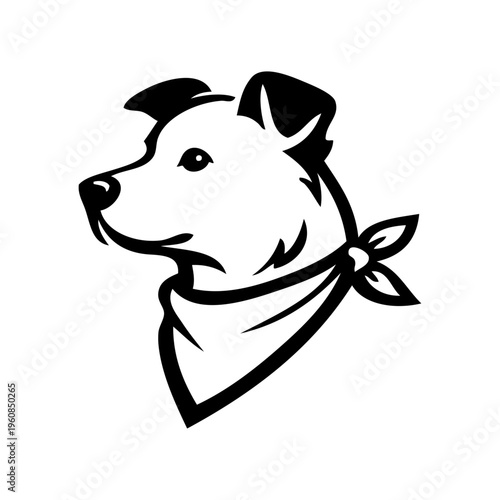 Logotipo tienda de mascotas. Dibujo sencillo con líneas de la cabeza de un perro simpático visto de perfil con pañuelo en el cuello 
