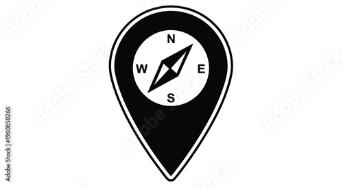 Simple black and white illustration of a location pin with a compass inside