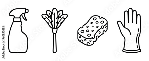 Set of cleaning supplies icons in a minimalist line art style. Includes spray bottle, duster, sponge, and glove for housekeeping or hygiene concepts. Vector illustration.