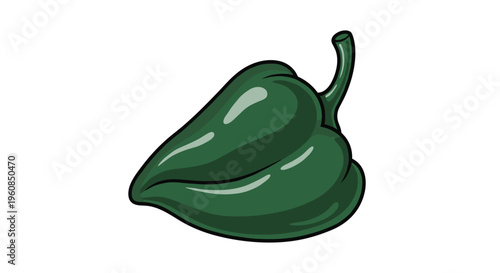 Dark green poblano pepper illustration, showcasing its broad, heart-shaped form and glossy skin, representing a mild to medium spicy ingredient for Mexican cuisine.