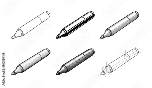 A collection of six marker pen vector illustrations in different artistic styles. Includes outline, hatching, and stippling for design, art, or office supply concepts.