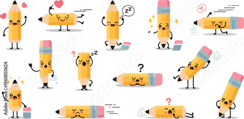 Cute pencil characters collection with funny emotions and actions, kawaii school stationery mascots in different poses, playful vector illustration set for education design