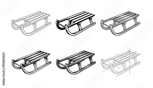 Set of six classic wooden sleds. Vector illustrations in various styles: outline, engraving, stippling, and technical drawing. For winter holiday design and retro graphics.