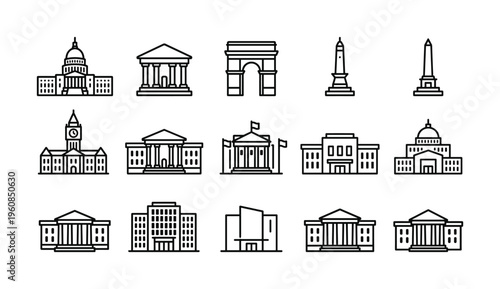 A collection of government building and landmark line icons. Minimalist vector set for web, UI, finance, and law design. Represents authority, history, and civic institutions.