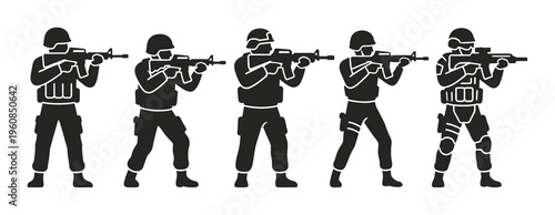 A set of five soldier silhouettes in combat gear holding assault rifles. Vector icons for military, special forces, or police themes. Perfect for security or tactical designs.