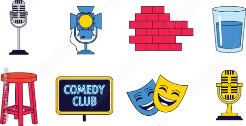 Stand Up Comedy and Stage Performance Elements Collection with Microphones Spotlight Masks Comedy Club Sign Stool and Entertainment Icons Flat Vector Illustration